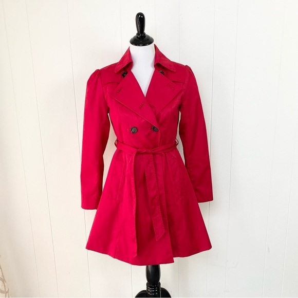 H&M Trench Coat Womens Sz 4 Cherry Red Double Breasted Jacket Tie Waist Flared - Picture 1 of 16